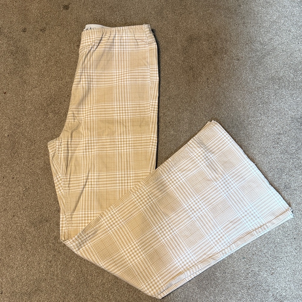 Tinseltown Cream Plaid Raw Hem Flare Elastic Waist Pull On Pants Size 15/32